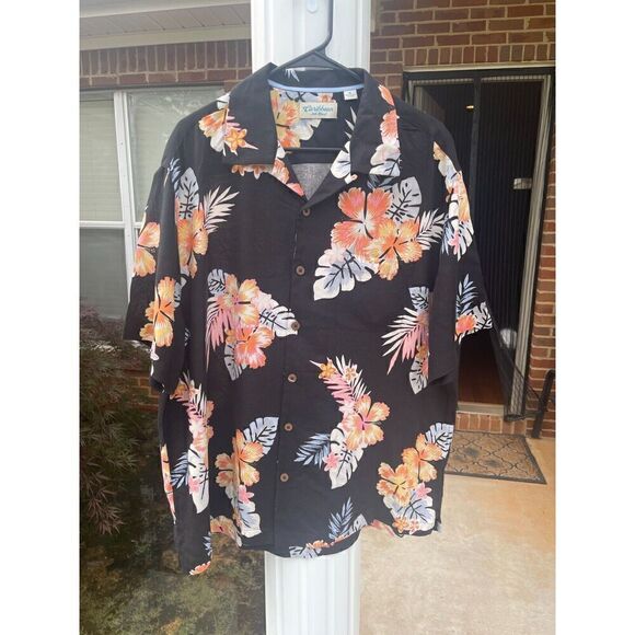 Caribbean Button-Up Shirt Men's Size XL Black Floral Silk Blend Short Sleeves - Picture 1 of 8